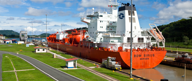 A ship makes its way through a Panama Canal lock