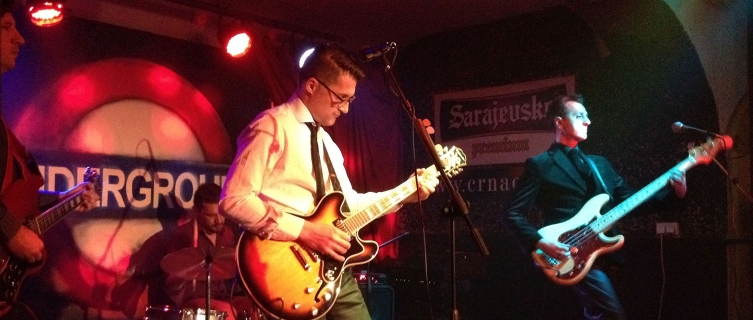 A band plays to the crowd at Sarajevo's Underground Bar